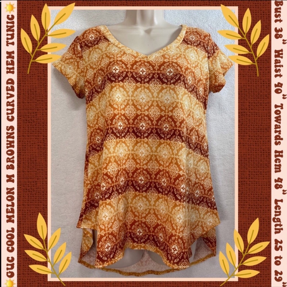 GUC S  TUNIC MULTI BROWNS STRIPED DISC PRINT MINI RIBBED HI LOW